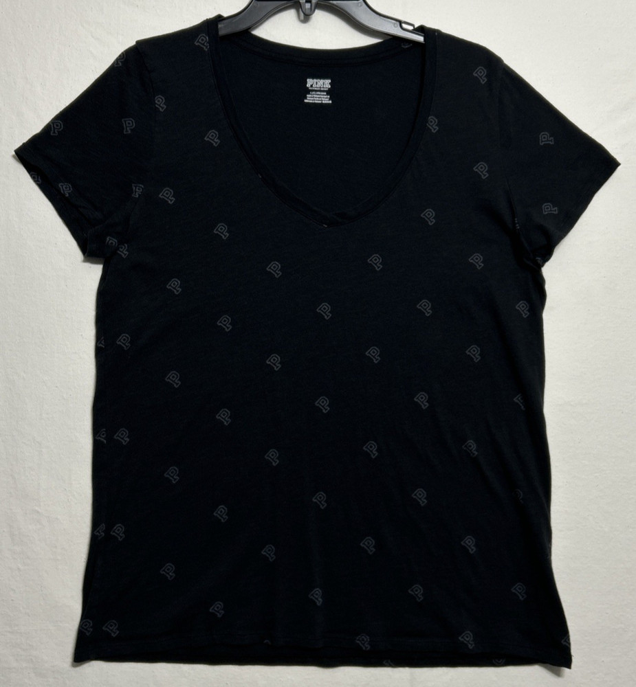 Victoria’s Secret Pink Women’s Black Short Sleeve All Over P Logo T-Shirt Large