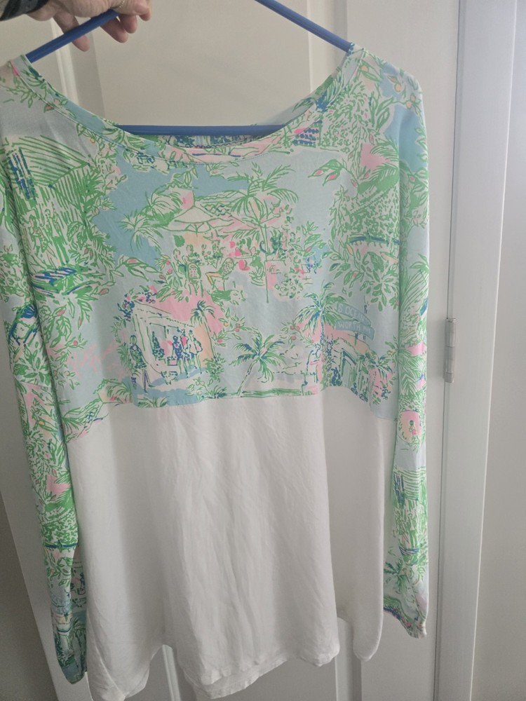 Lilly Pulitzer Finn Top Long Sleeve Cotton Blend Blue & White Floral Sz XXL