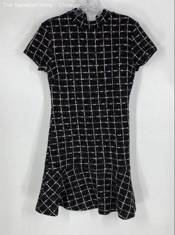 Mango Womens Black White Tweed Ruffle Hem Short Sleeve Mini Dress Size 4