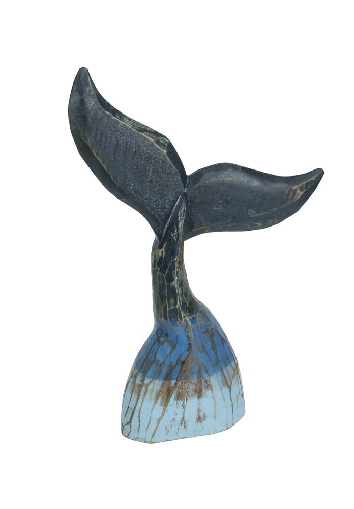 Scratch & Dent Coastal Blue Carved Wooden Whale Tail Tabletop Statue