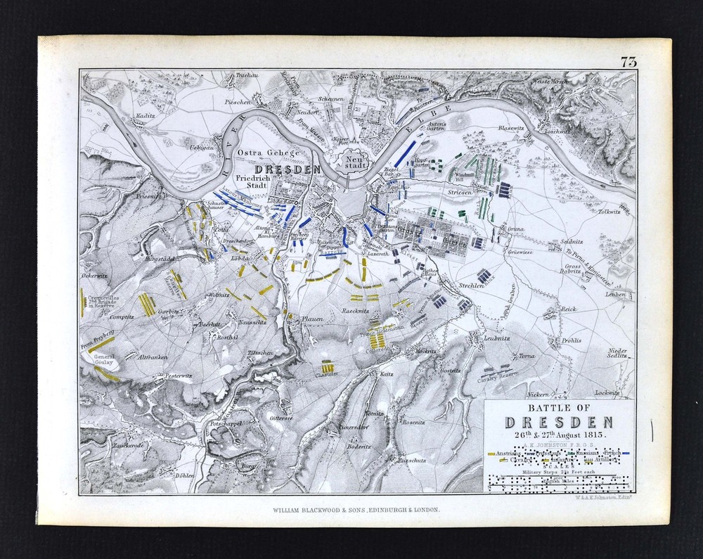 1850 Johnston Military Map - Napoleon Battle of Dresden 1813  Germany Elbe River