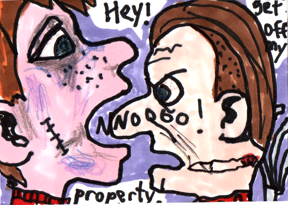 Farmer catches smokers ACEO original PAINTING miniature outsider art comic art