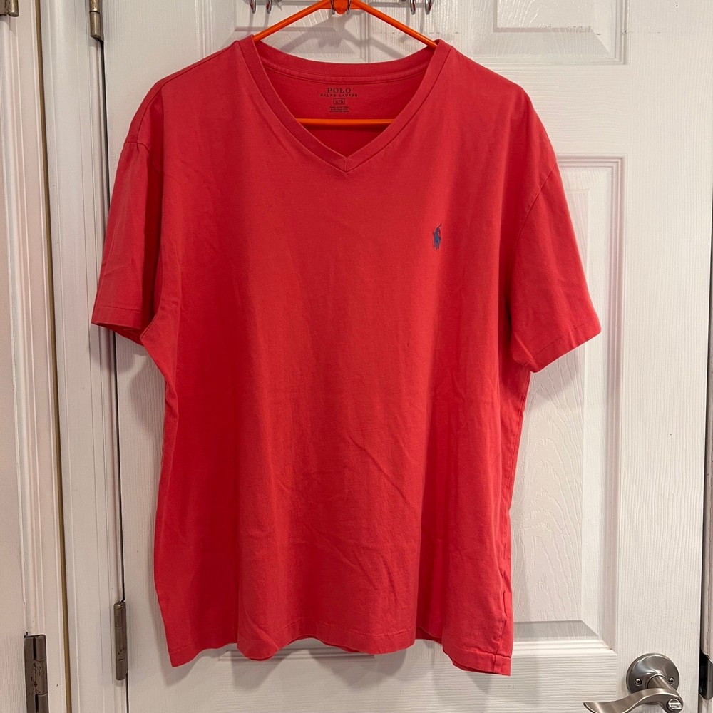 Polo Ralph Lauren Mens V-Neck T-Shirt Coral Short Sleeve Cotton Pony Logo L