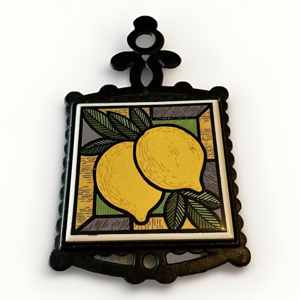 Vtg MCM Cast Iron Black Framed Tile Trivet  Lemon 70s Cottagecore Farmhouse
