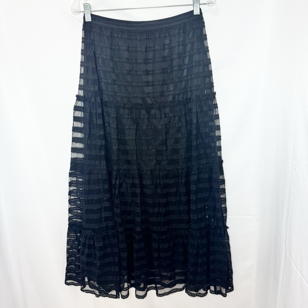 Chico's Tiered Lace Black Maxi Skirt Medium Peasant Whimsigoth Sheer Romantic