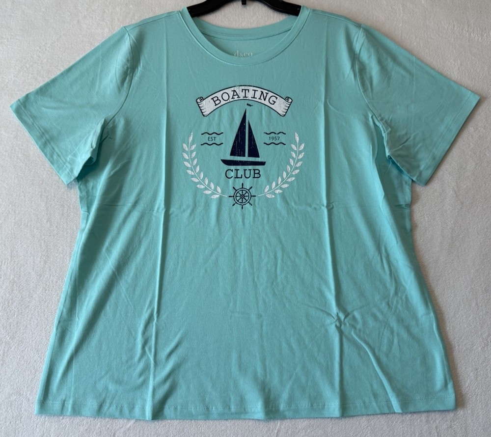 Denim & Co Blue Top Boating Club T-Shirt Woman’s Size XL Short Sleeve NEW