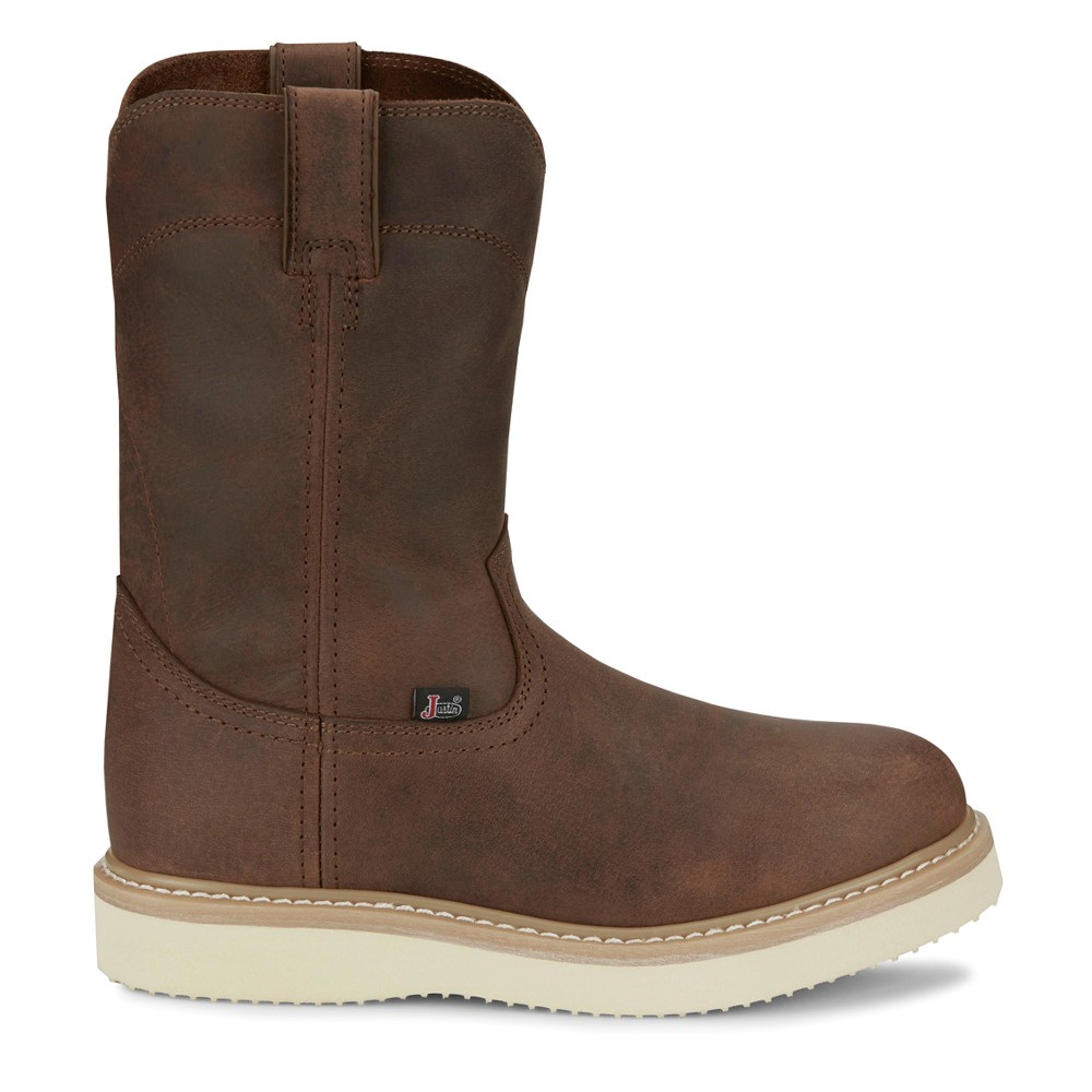 Justin Original Ram 10-Inch Slip-Resistant Soft Toe Work Boots for Men in Brown