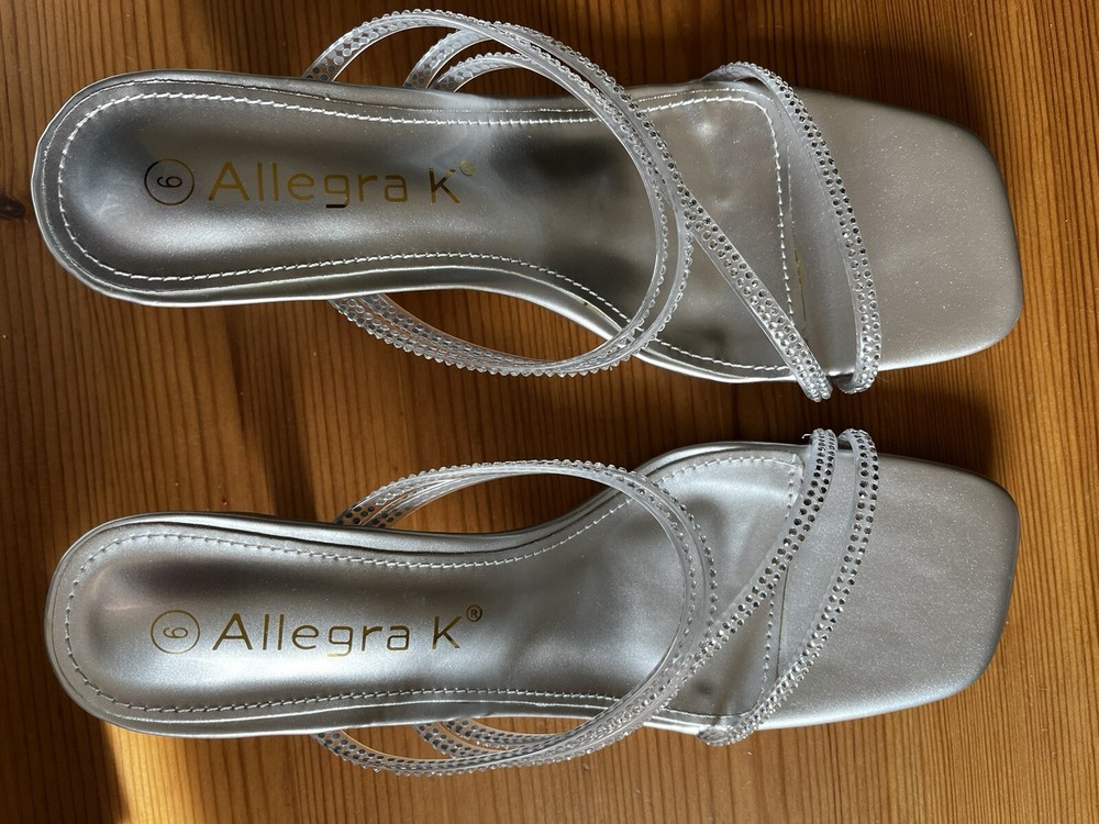 Women’s Size 6 Silver Sandal Heel with Studded Plastic Straps by Allegra K for Stylish Comfort