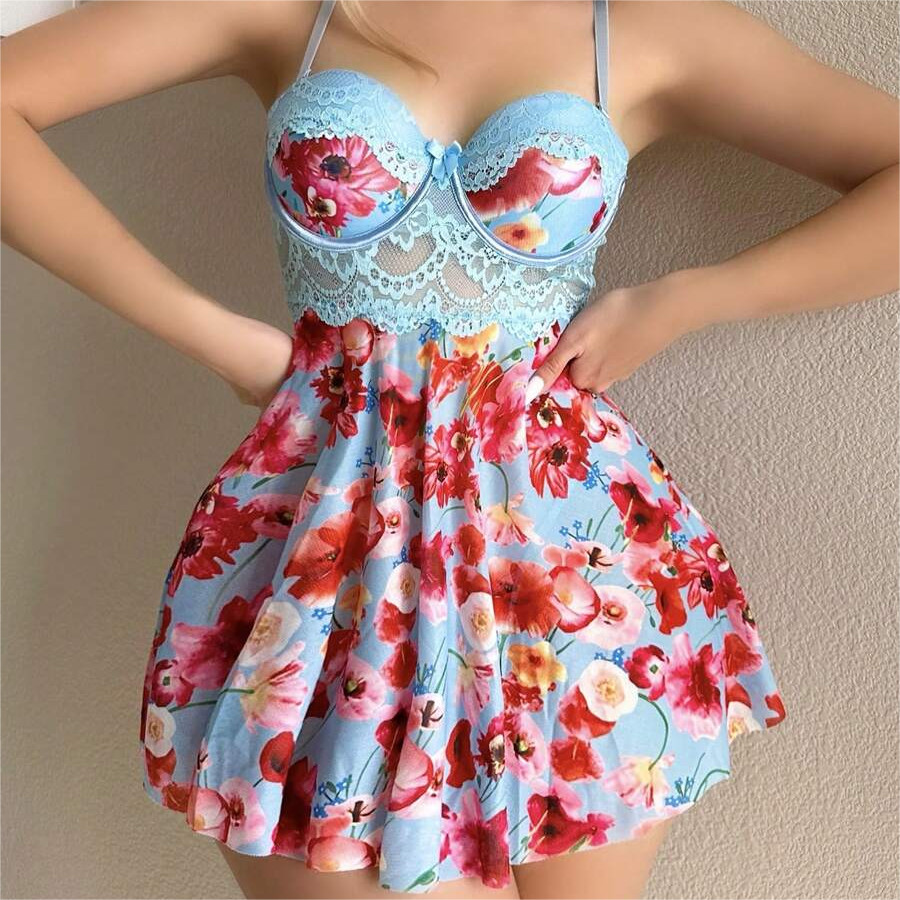 Sexy Lingerie Set Floral Print Lace Insert Spaghetti Strap Dress And Thong