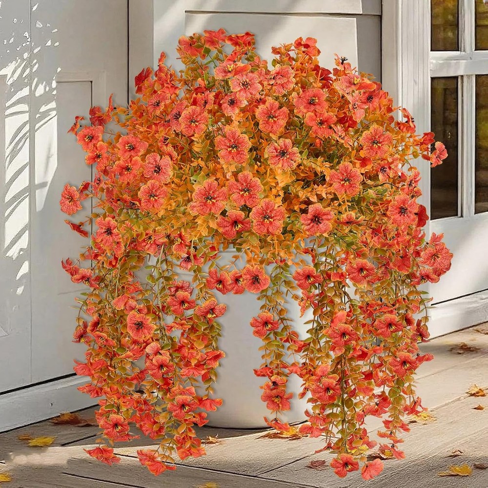 2PCS Artificial Hanging Flowers for Outdoors,UV Resistant No Fade Faux Fall