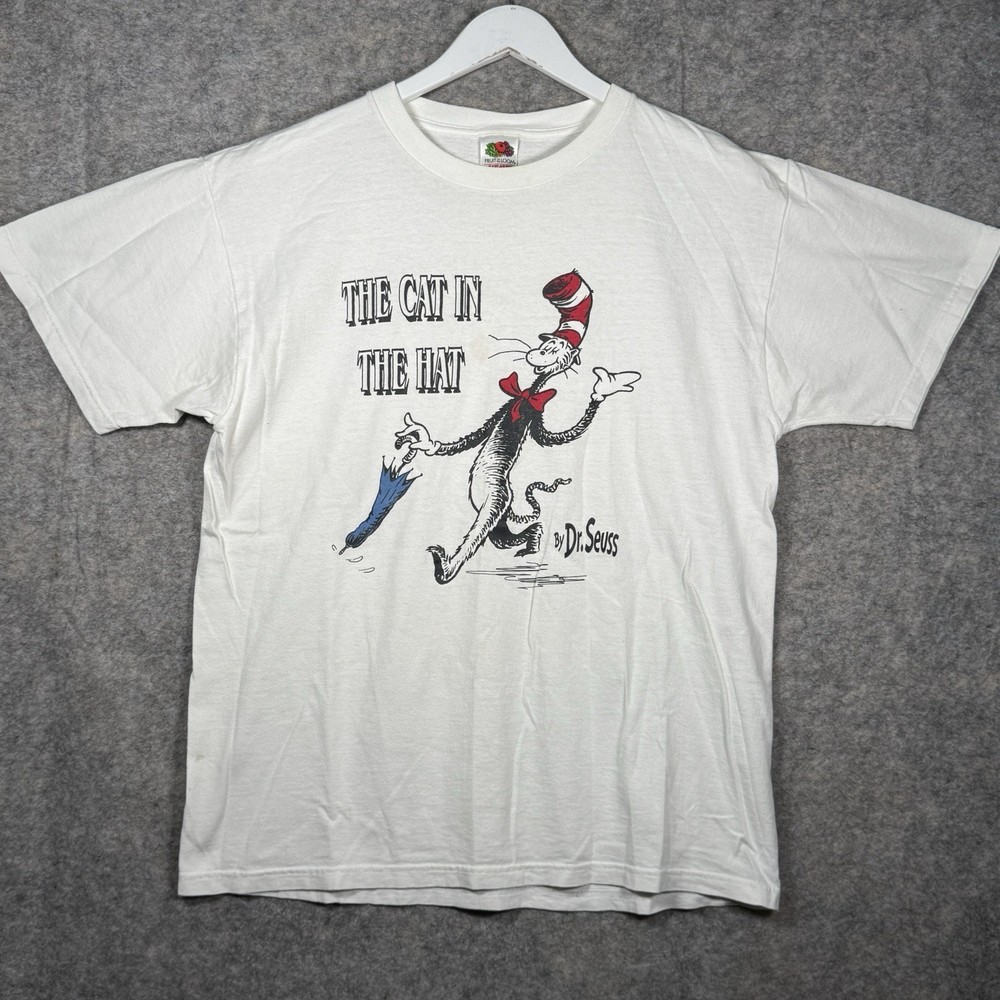 Vintage 90s The Cat In The Hat Dr. Suess Cartoon White T Shirt Mens Size L 21x28