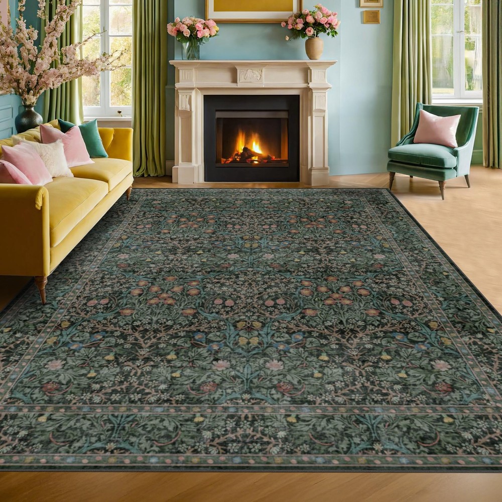 Vintage Washable Dark Green 10x14 Rug for Living Room - Extra Large Area Rug ...