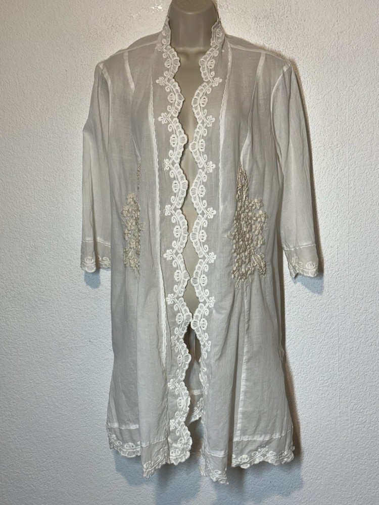 Soft Surroundings White Cotton Embroidered Open Front Long Cardigan Coverup Sz L