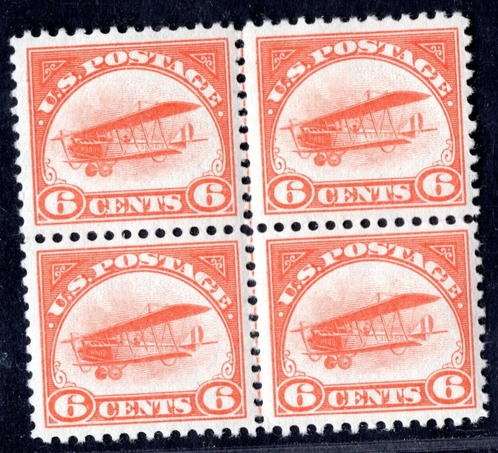 1918 US Airmail Scott C1 Block of 4 Stamps - Top Pair Hinged, Bottom Unhinged