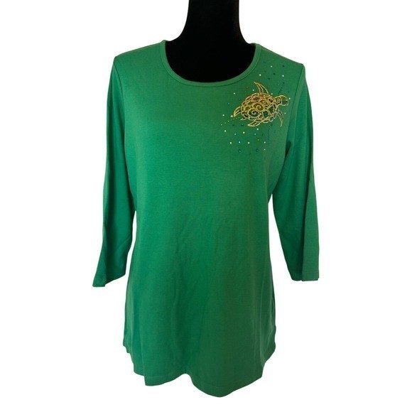 Quacker Factory Green Embroidered Turtle 3/4 Sleeve Top Blouse Size Small