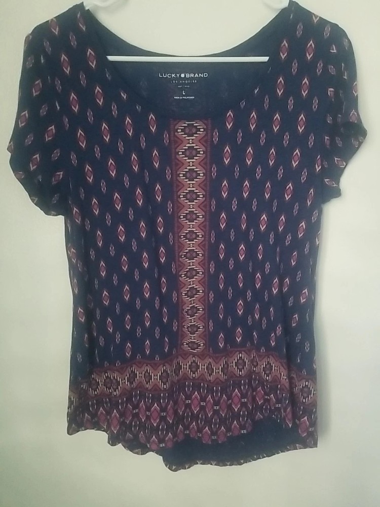 Lucky Brand Top Womens Short Sleeve Top Sz L Blue  Boho Print