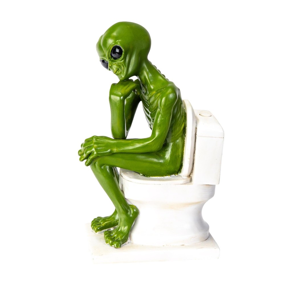 Green Alien Deep Thinker Sitting on Toilet, Novelty Figurine UFO Statue 5.8 Inch