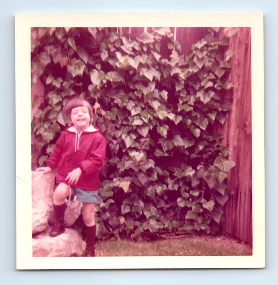 Old Vintage Square Color Photo SOLO GIRL BY IVY WALL IN BACKYARD SNAPSHOT PIC