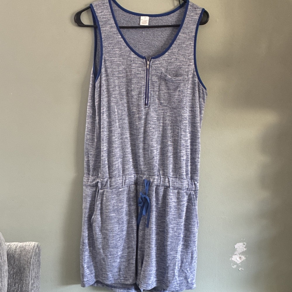 Women's Sleeveless Blue Gray Romper L Drawstring Waist Zipper Scoop Neck Pocket