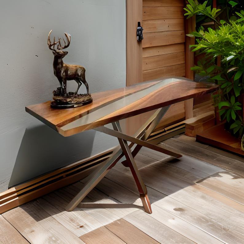Acacia Wood Clear Epoxy Console Table Top Handmade Side Coffee Table Cafe Decors-image