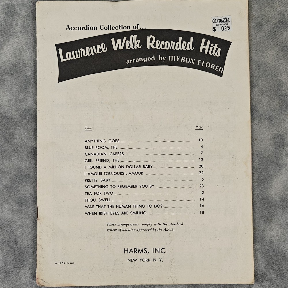 1957 Lawrence Welk Recorded Hits Accordion Sheet Music Myron Floren Harms Inc Bk