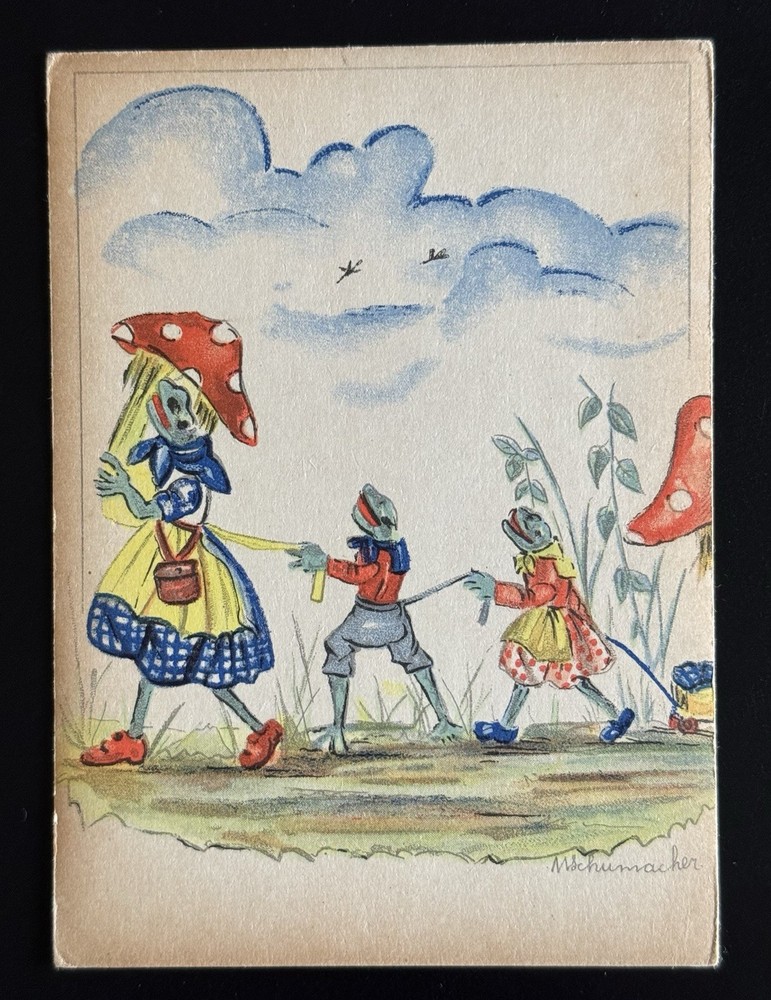 Antique Comic Frog Family Mushroom Hat Postcard Anthropomorphic Unused