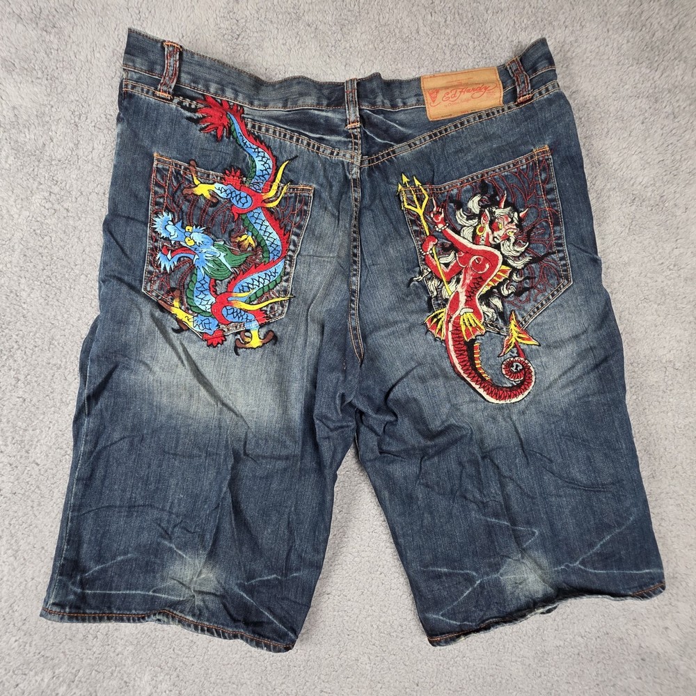 Ed Hardy Shorts Mens 42 Christian Audigier Embroidered Dragon Demon Mermaid