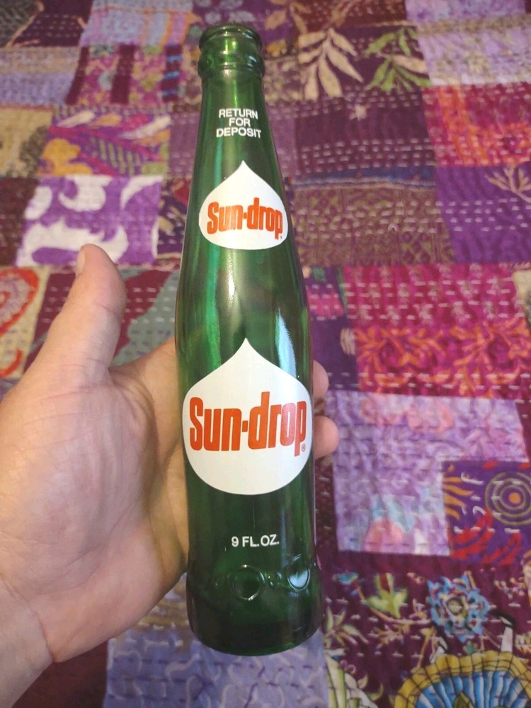 Vintage Sun Drop ACL 9oz Green Glass Soda Bottle Collectible Advertising