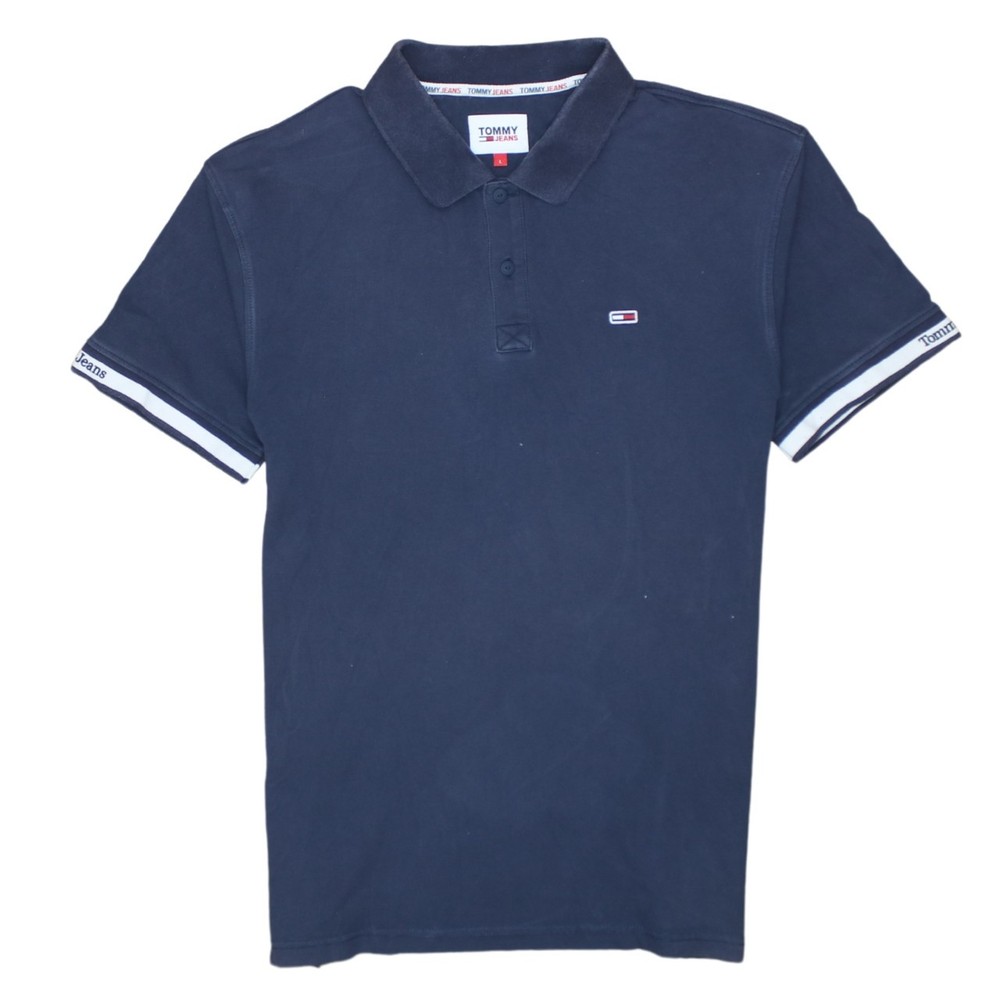 Tommy Jeans Womens Polo Shirt Navy Blue Embroidered Flag Logo Branded Cuffs L