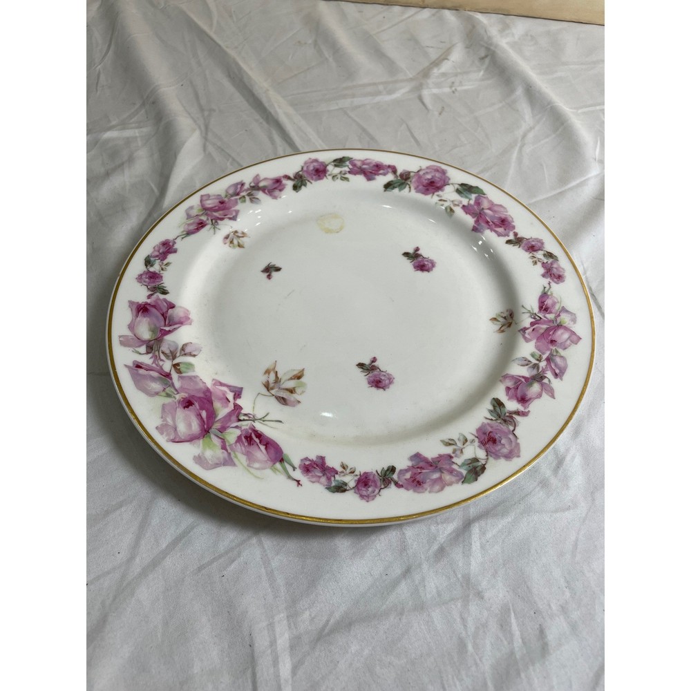 J.P.L. France Limoges Pink Rose Floral Porcelain Dinner Plate Gold Trim Antique