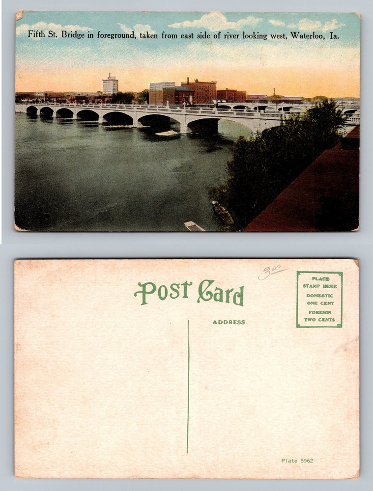 Waterloo, IA-Iowa, Fifth Street Bridge River Scene City View Vintage Postcard