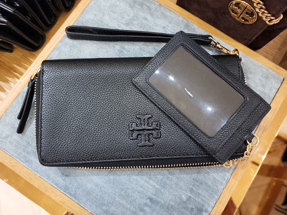 Tory Burch Thea Black Leather Wristlet Continental Wallet with ID Card Case