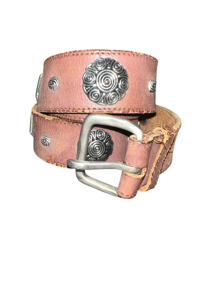 Brown Leather Silver Studded Conch Belt Size Medium