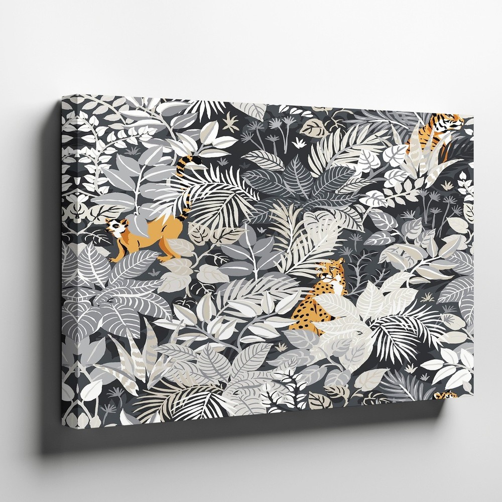 Abstract jungle animal canvas wall art with tropical leaves and wild cats print-image