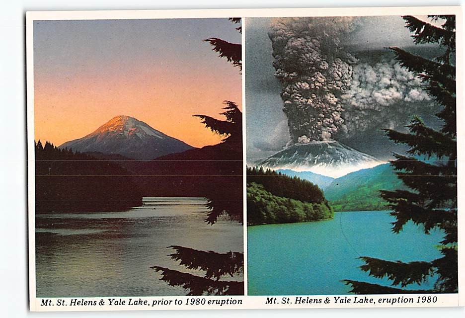 Postcard Mt. St. Helens & Yale Lake Before & After 1980 Eruption Washington USA
