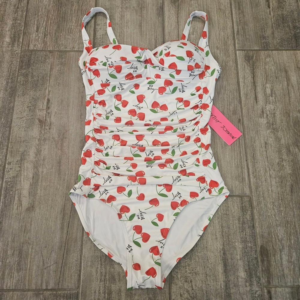 Betsey Johnson Cherry Bomb Heart Ruched One Piece Swimsuit Size S NEW Retro