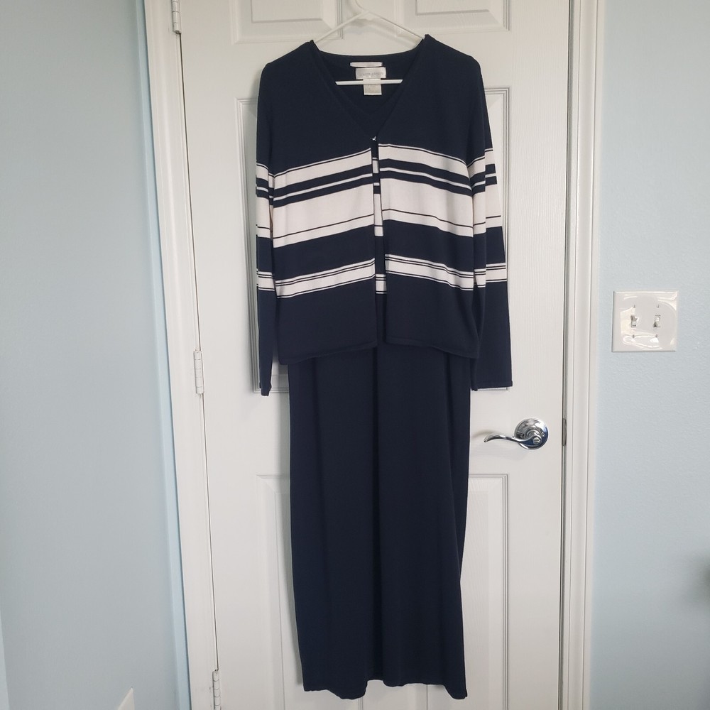Vtg Pierre Cardin Knit Maxi Dress Cardigan Set Size M Navy Nautical Old Money