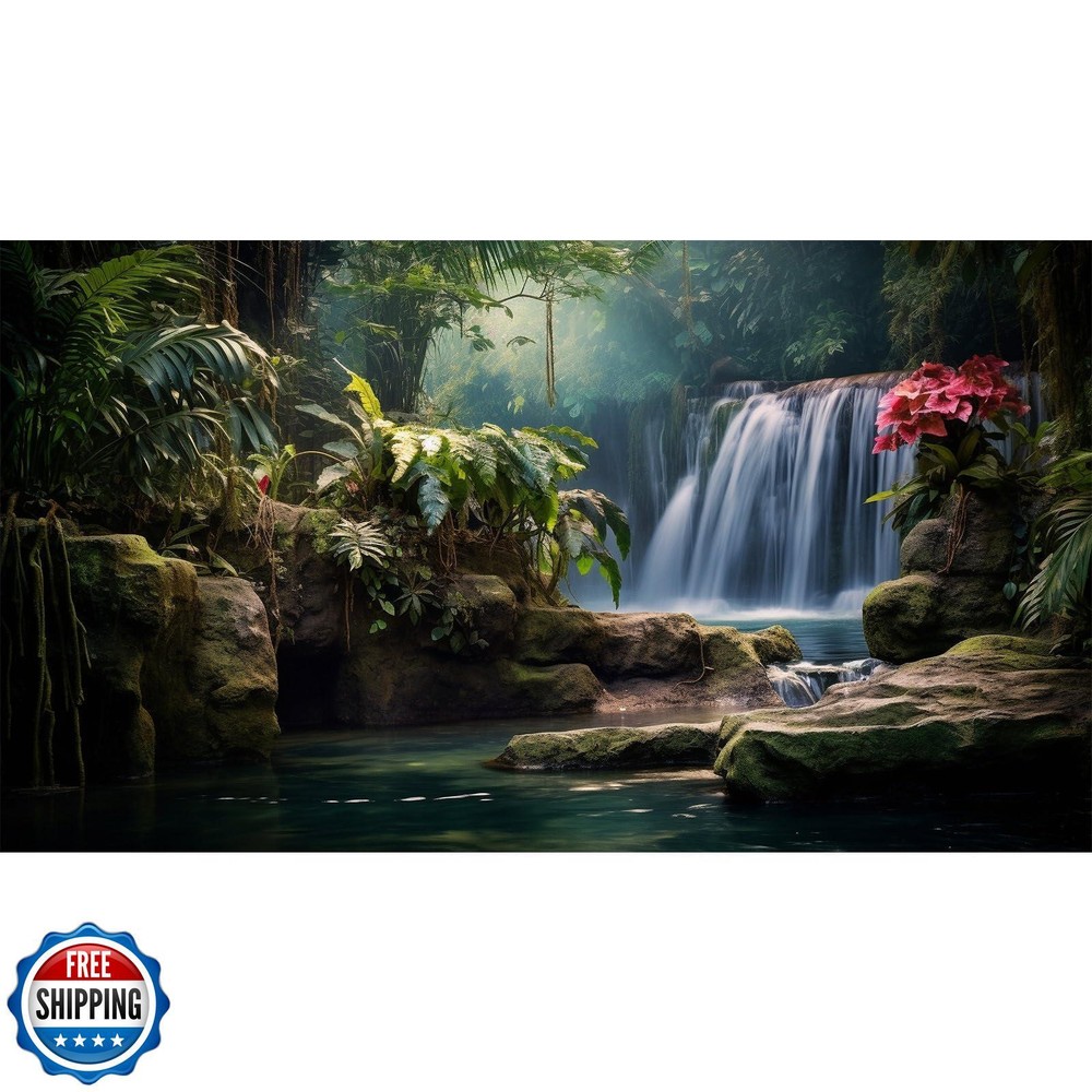 Crystalline Waterfall Aquarium Background with Lush Verdant Vegetation