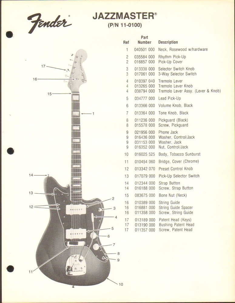 HOJA DE ANUNCIO DE COLECCIÓN #3581 - LISTA DE PIEZAS DE GUITARRA FENDER - TELECASTER 11-1300