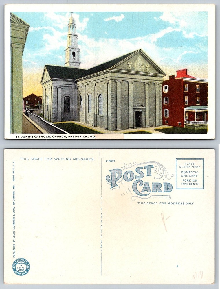 St. John's Catholic Church Frederick MD White Border Postcard Louis Kaufmann