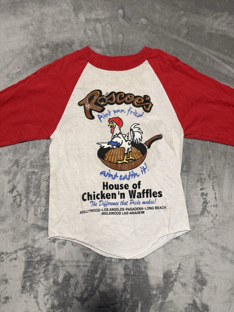 VINTAGE Roscoe's Chicken n Waffles Baseball Shirt Red White Unisex Sz S Novelty