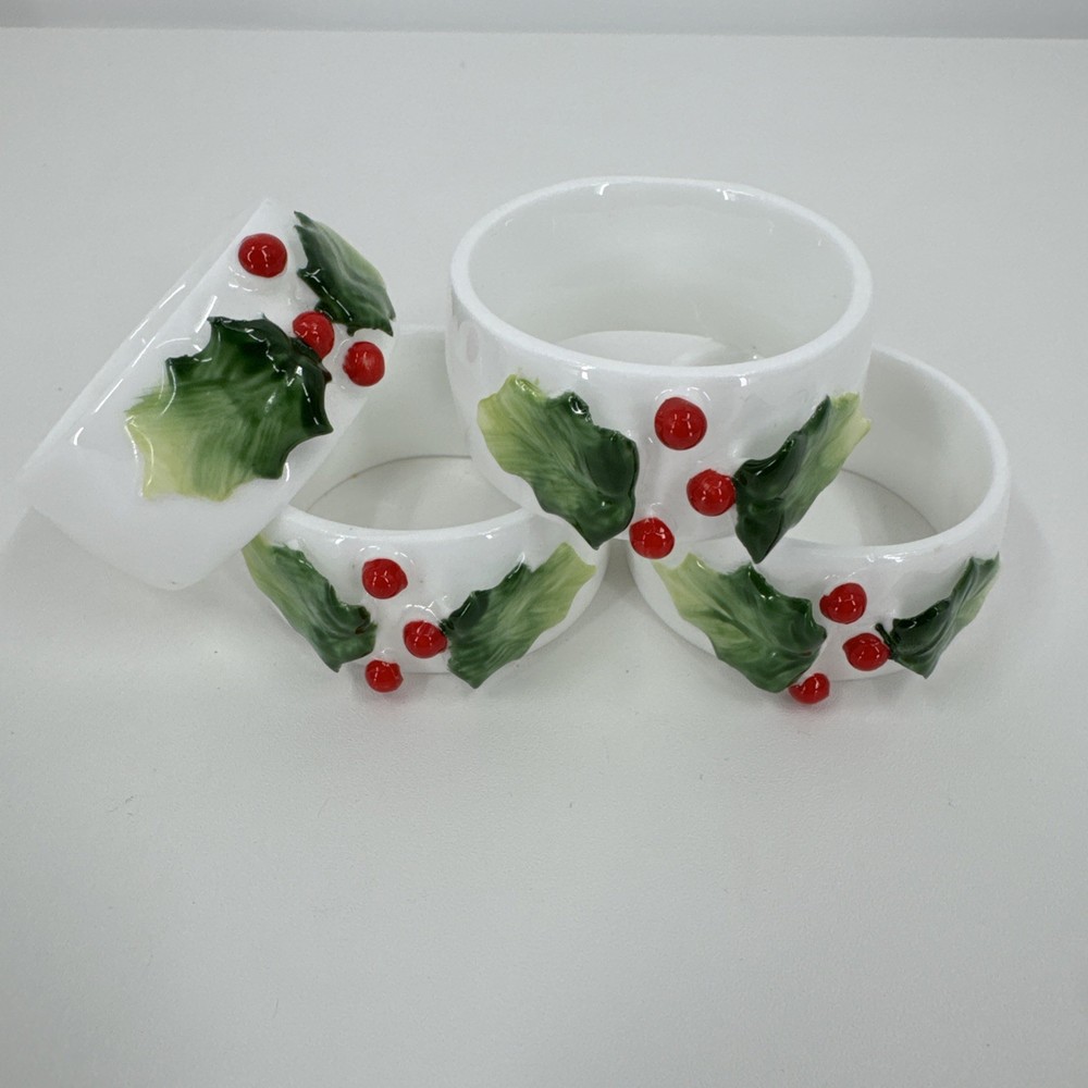 Vintage Himark Holidays Holly Ceramic Napkin Ring Set of 4 Retro Christmas