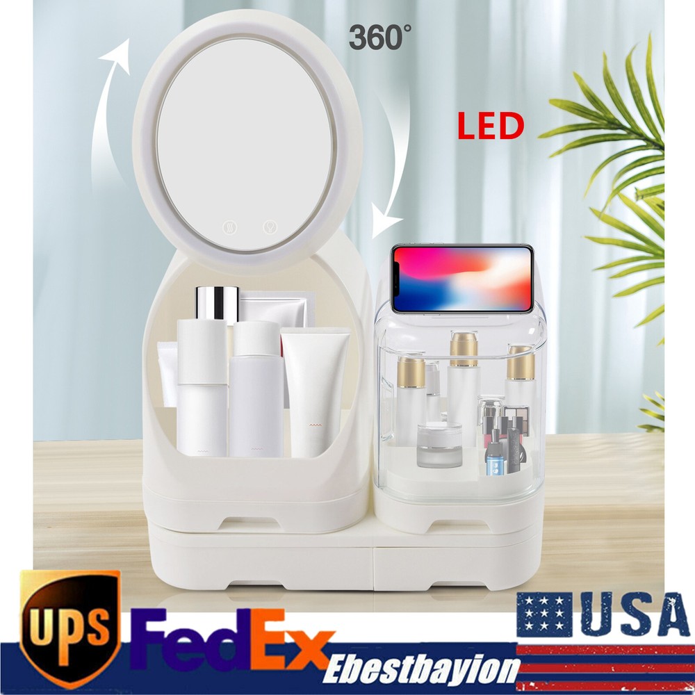 LED Makeup Cosmetic Box White Tabletop Organizer Storage Box W/ Rotating Mirror