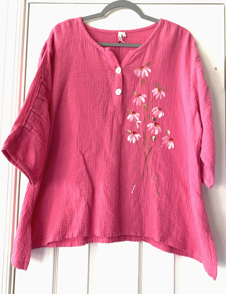 Womens Lulu B Lagenlook Pink Gauze Tunic Top Plus 1X Boho Beach 3/4 Sleeve