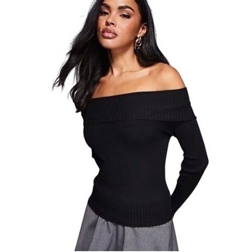 Princess Polly | Black Off The Shoulder Ribbed Knit Top Sweater | Size S/M