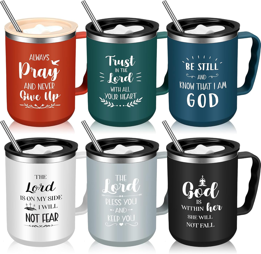 6 Pcs 17 Oz Christian Coffee Mugs with Lid and Straw Religious Bible Verse Chris