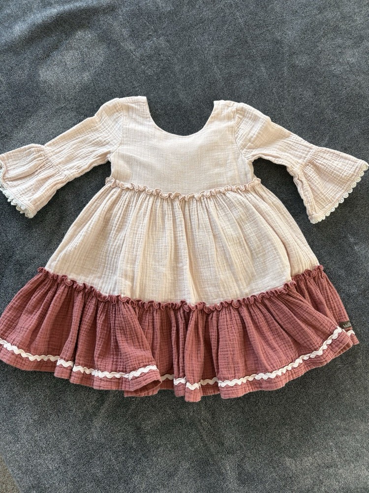 Matilda Jane Girls Fit & Flare Dress Pink Cream Bow Ruffle Cotton Size 6