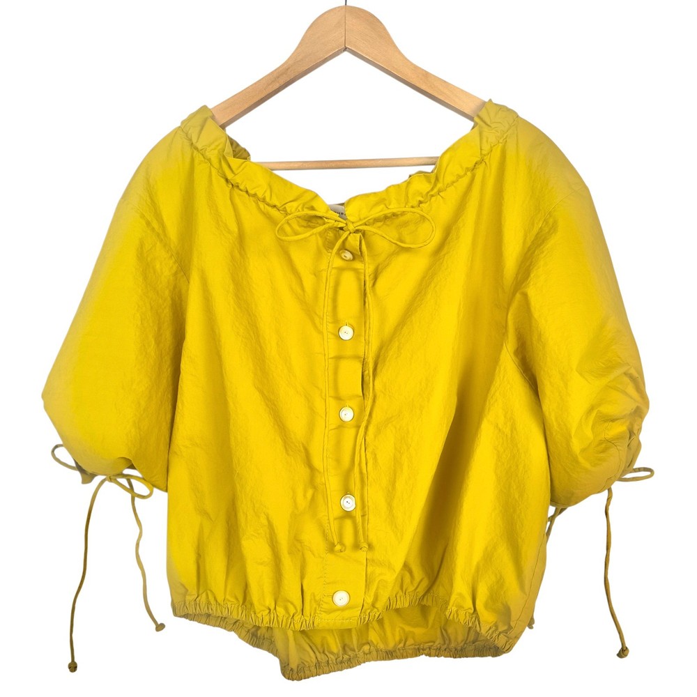 Tory Burch 100% Cotton Yellow Blouse Size 8 Puff Sleeve Drawstring Resort Top