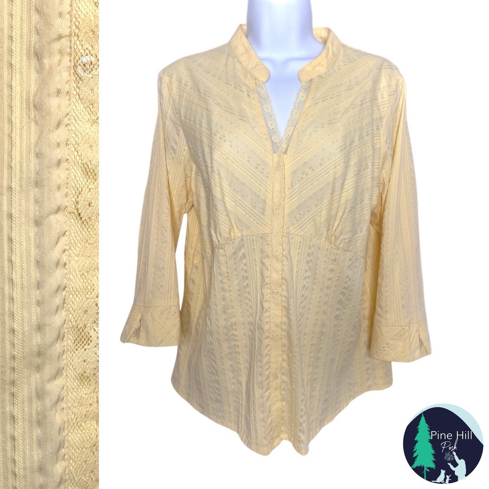 Peasant Blouse Top Womens Large Butter Yellow Pintuck Lace Inset 3/4 Sleeve Boho