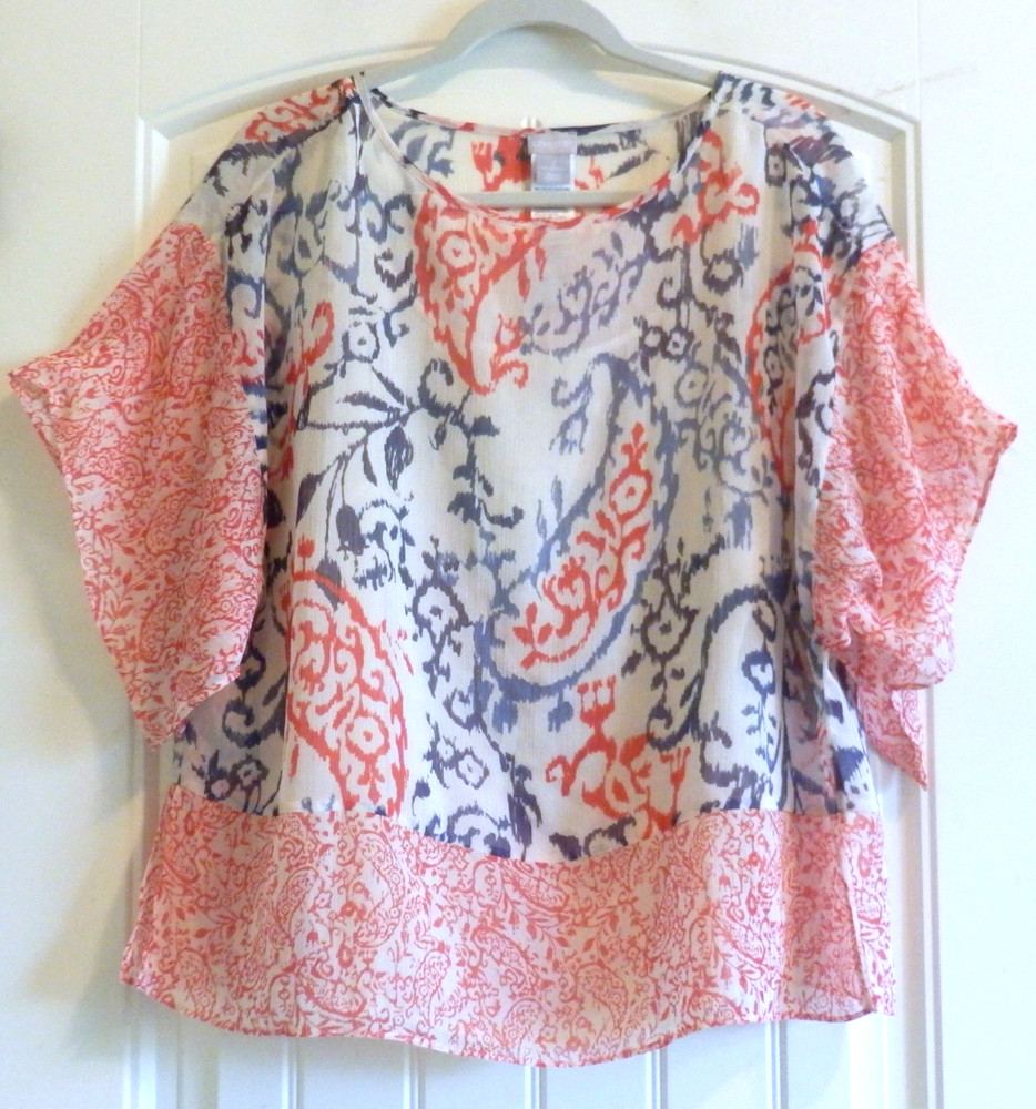 CHICO'S Coral Blue Paisley & Tank Women's Pullover Blouse Top SZ 2 or L 12 14